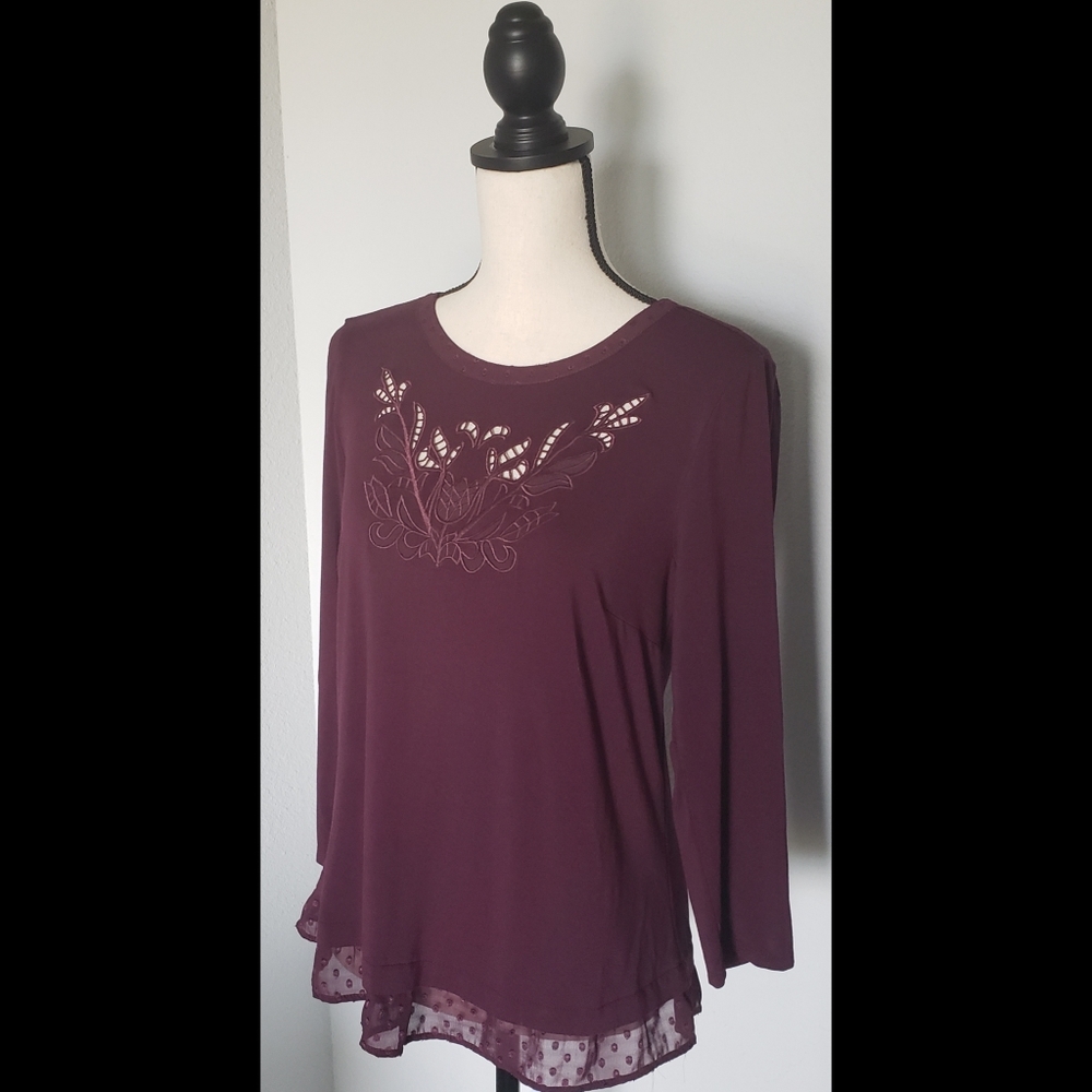 Daniel Rainn Longsleeve Embroidered Top Burgundy